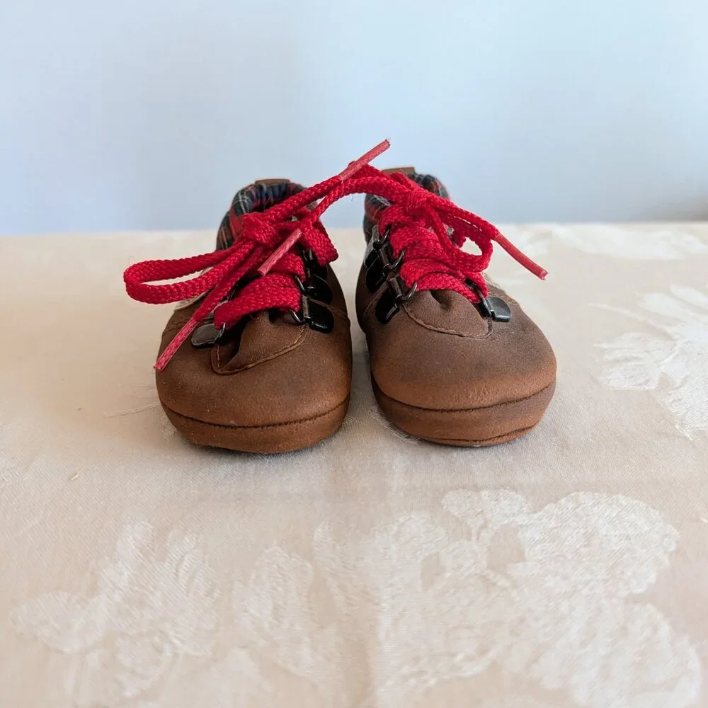 VTG 80s Dyna Kids Brown Baby Shoes Size 2 Red Laces Tartan Plaid Preppy Classic